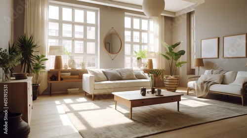 Modern living room with natural lighting. Home interior with feng shui and no people perfect for sets and backgrounds, soft lights, generative ai © Saurav