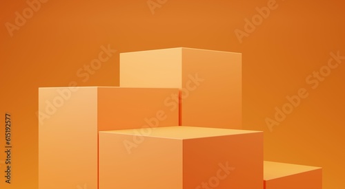 Orange podium 3d cube stand abstract stage platform or product studio geometric shape on minimal background and blank pedestal display scene space with empty presentation summer sale step backdrop.