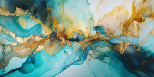 Abstract teal blue, gold and white alcohol ink art background. 