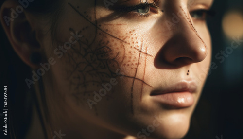 One young woman, indoors, looking sad, close up portrait generated by AI