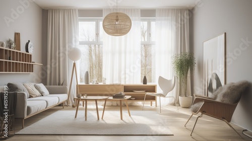 Modern living room with natural lighting. Home interior with feng shui and no people perfect for sets and backgrounds, soft lights, generative ai