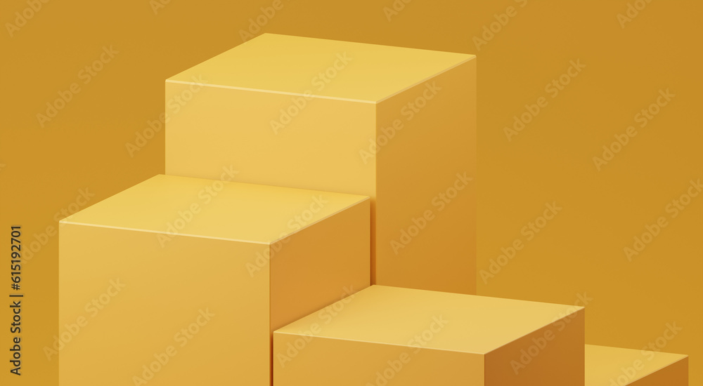 Fototapeta premium Yellow podium 3d cube stand abstract stage platform or product studio geometric shape on minimal background and blank pedestal display scene space with empty presentation summer sale step backdrop.
