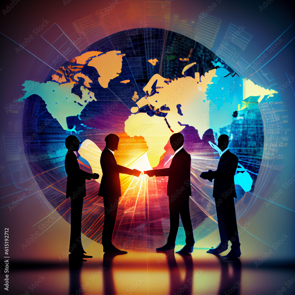 Business partnership, teamwork around the world concept. Silhouettes of businessmen on the background of the world map. Abstract illustration.