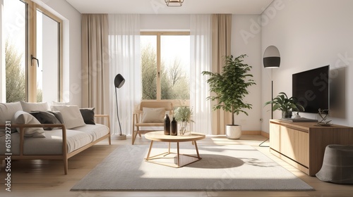 Modern living room with natural lighting. Home interior with feng shui and no people perfect for sets and backgrounds  soft lights  generative ai