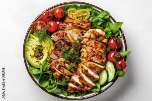 Grilled chicken meat and fresh vegetable salad of tomato, avocado, lettuce and spinach. Buddha bowl dish on white background. Top view