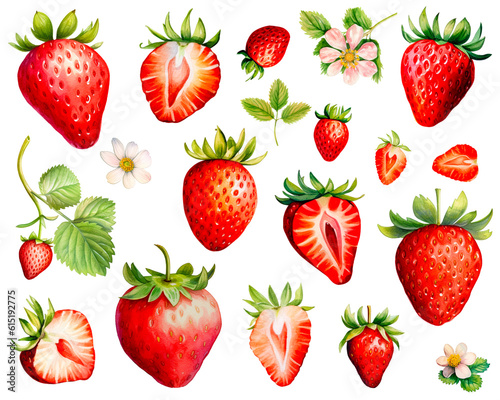 Set of strawberries watercolor isolated on white background. PNG transparent background. AI Generative.