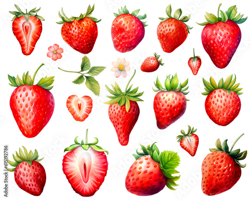 Set of strawberries watercolor isolated on white background. PNG transparent background. AI Generative.