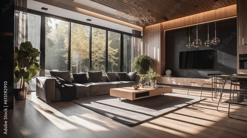 Modern living room with natural lighting. Home interior with feng shui and no people perfect for sets and backgrounds, soft lights, generative ai