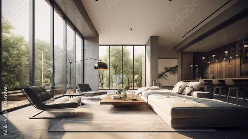 Modern living room with natural lighting. Home interior with feng shui and no people perfect for sets and backgrounds  covered with forest  soft lights  generative ai