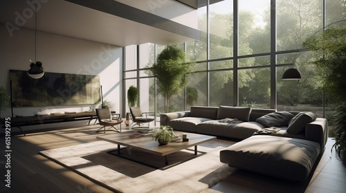 Modern living room with natural lighting. Home interior with feng shui and no people perfect for sets and backgrounds, soft lights, generative ai © Saurav
