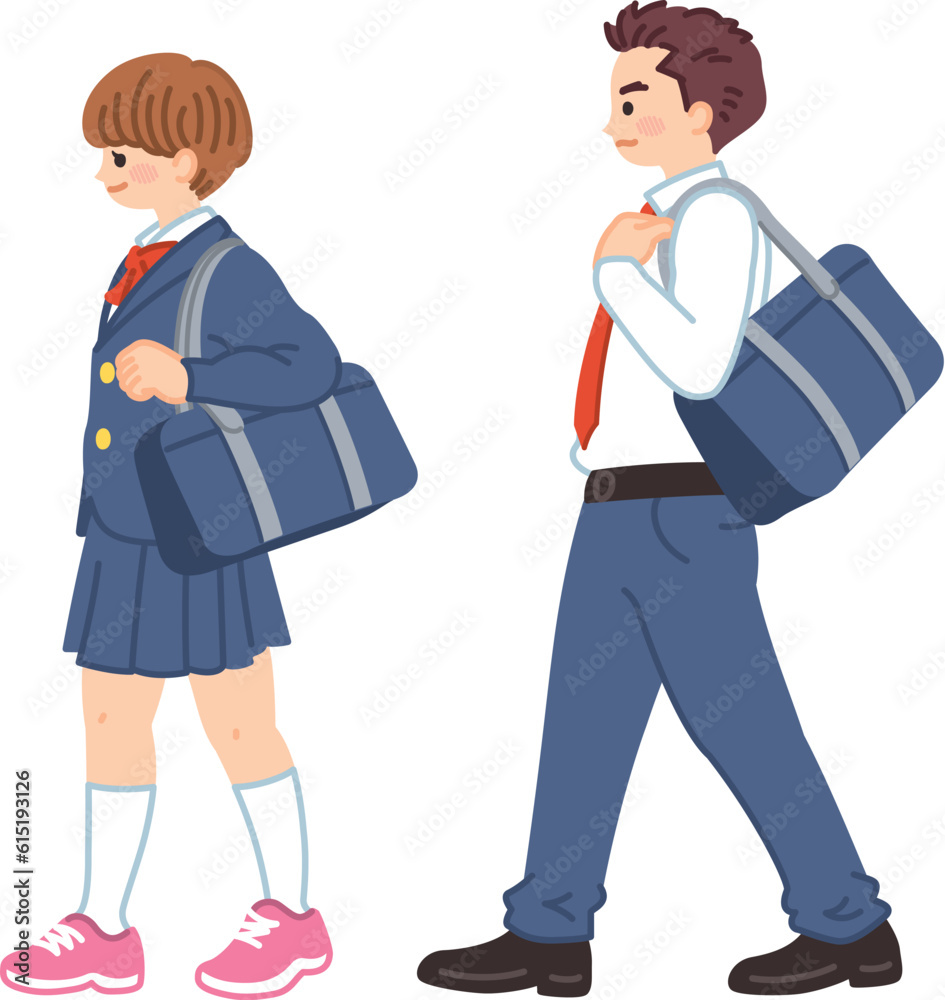 スクールバッグを持って歩く中高生の男女 通学 登校 スクールバッグを持って歩く中高生の男女 通学 登校