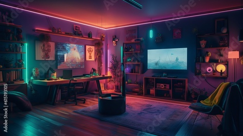 Modern aesthethic Colorful Gaming Studio with rgb lights and gaming desktop and monitor  generative ai