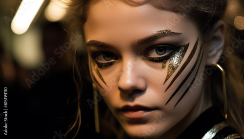 A young woman beauty shines through her elegant stage make up generated by AI © Stockgiu