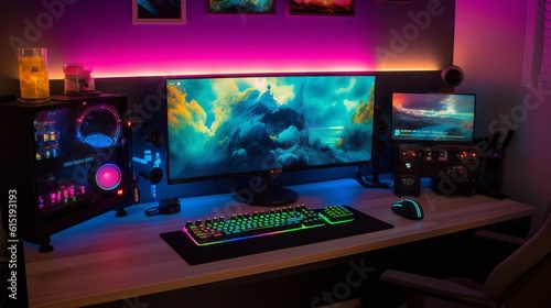 Modern Colorful Gaming Studio with rgb lights and gaming desktop and monitor, generative ai