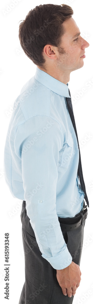 Digital png photo of profile of smiling caucasian businessman on transparent background Digital png photo of profile of smiling caucasian businessman on transparent background
