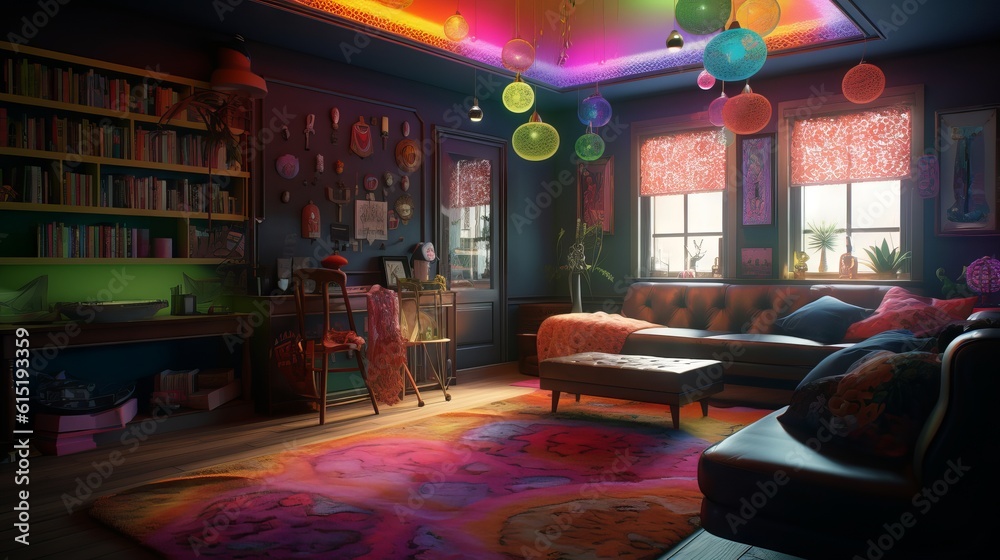 Colorgul room in the hotel with rgb lights and sofa, with sunrays coming from the window by generative ai