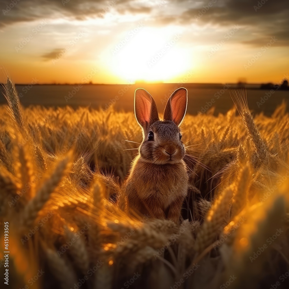 Rabbit sitting in the field at sunset Rabbit sitting in the field at sunset