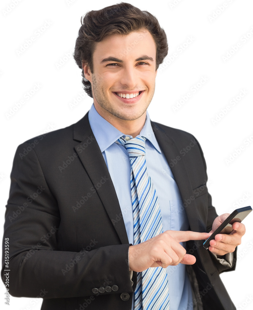 Digital png photo of smiling caucasian businessman using smartphone on transparent background Digital png photo of smiling caucasian businessman using smartphone on transparent background
