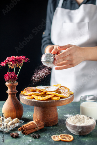 front view female cook pouring sugar powder on dried pineapple rings on dark background fruit job pastry cake pie bakery