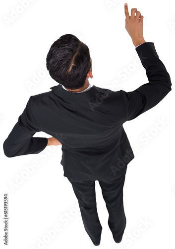 Digital png photo of rear view of asian businessman pointing with finger on transparent background