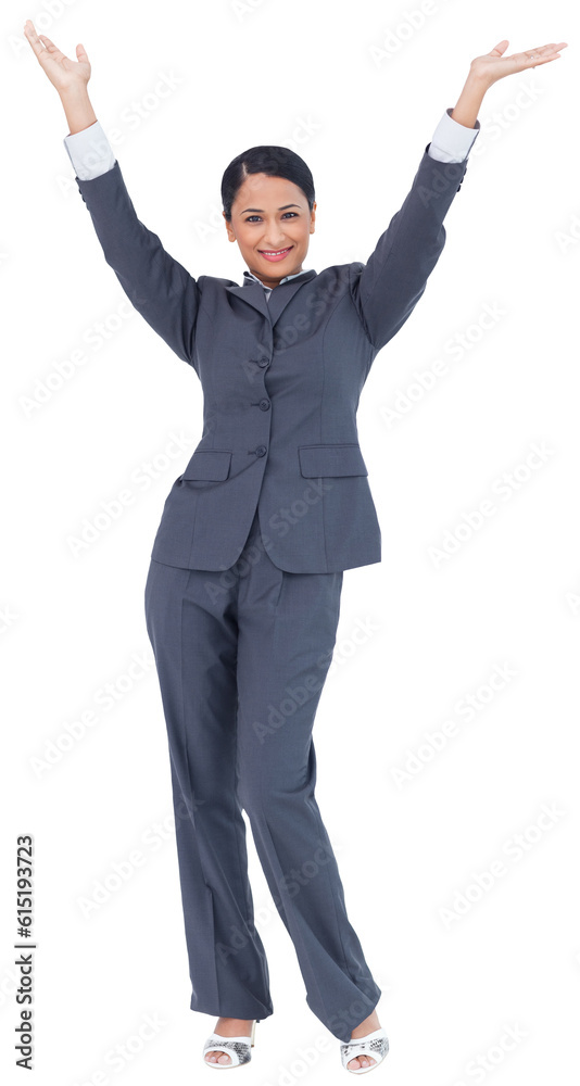 Digital png photo of smiling caucasian businesswoman with arms in air on transparent background Digital png photo of smiling caucasian businesswoman with arms in air on transparent background