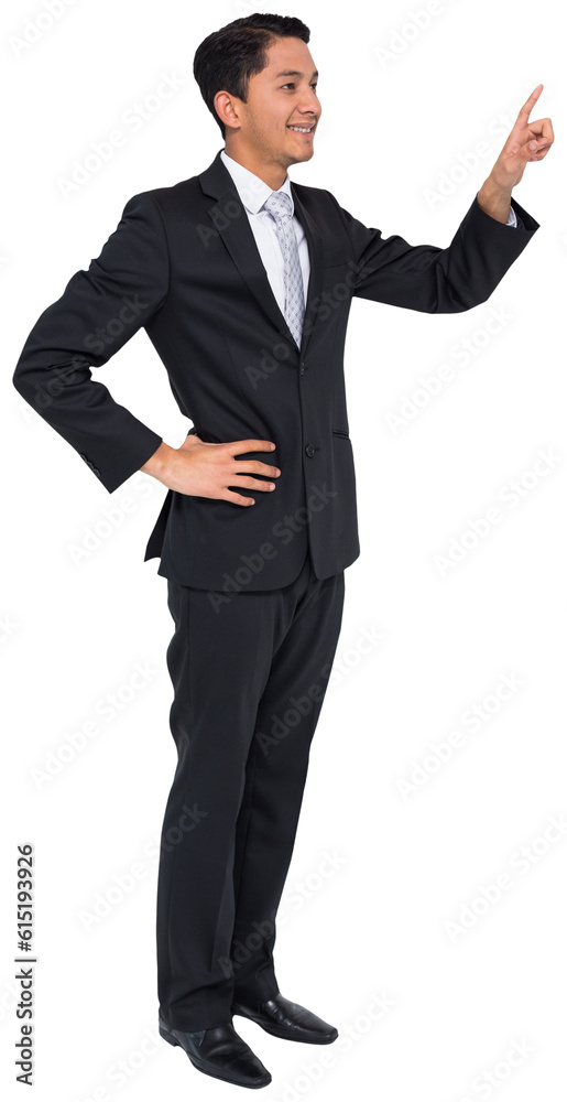 Digital png photo of smiling asian businessman pointing with finger on transparent background Digital png photo of smiling asian businessman pointing with finger on transparent background