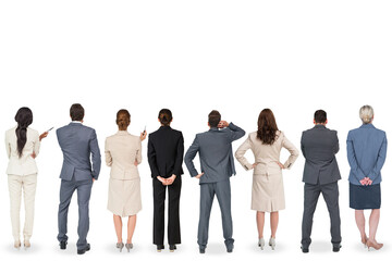 Digital png photo of rear view of diverse business people looking up on transparent background