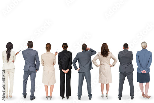 Digital png photo of rear view of diverse business people looking up on transparent background