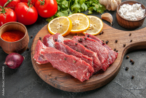 front close view fresh red tomatoes with greens and seasonings on dark background meal dinner meat animal food butcher salad barbecue