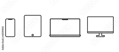 Device icon set in flat style. Collection of symbols: smartphone, tablet, laptop and desktop computer. Digital device collection isolated on white. Vector illustration for web