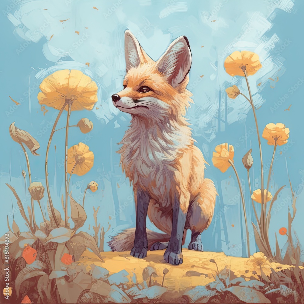 Fototapeta premium Red fox with flowers is sitting in the field
