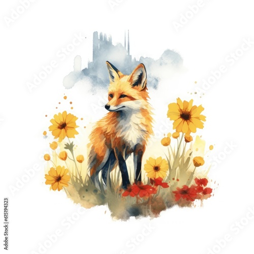 Red fox with flowers is sitting in the field