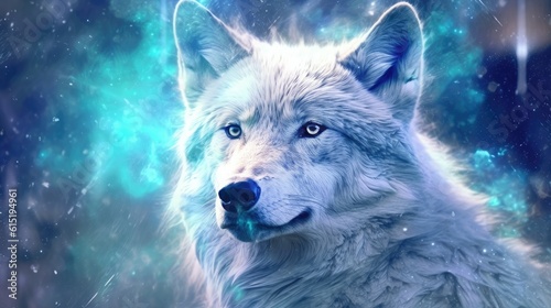 Blue wolf on galaxy night sky