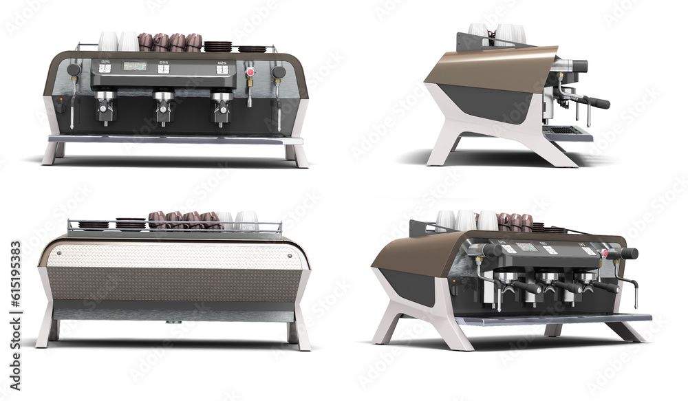 Set of new professional coffee machine in different views 3d render on white