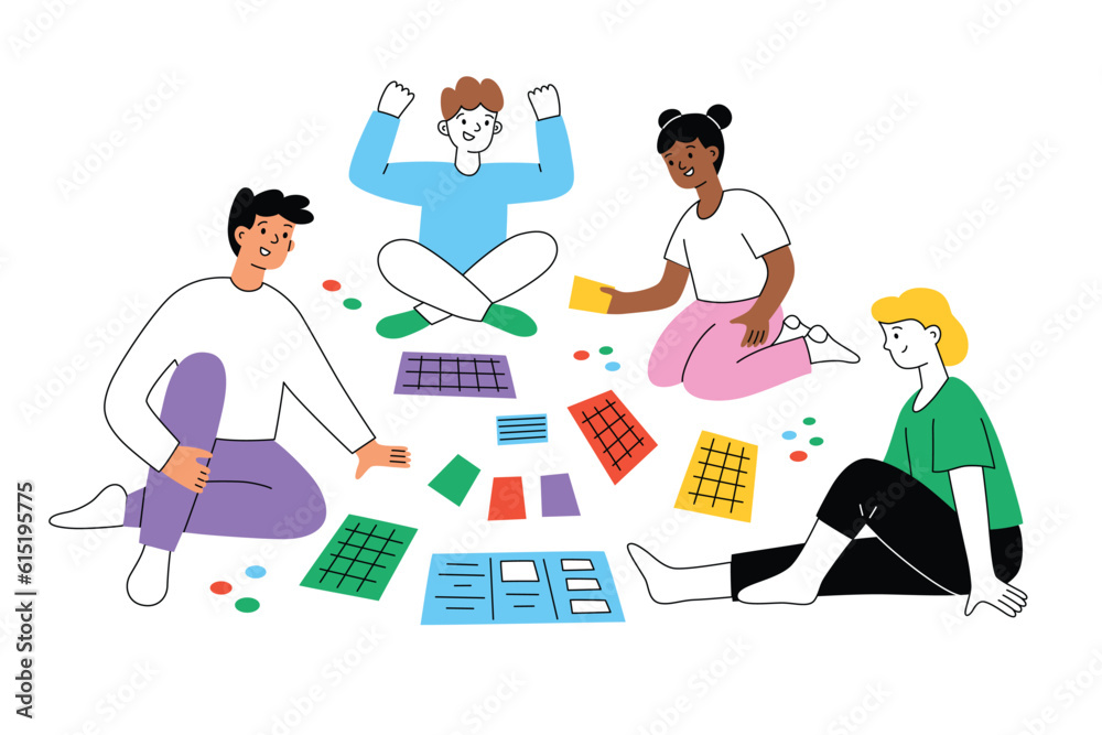 Family playing board game on floor, hand drawn composition with adults and children friends spend time together, vector illustration of tabletop game with cards and chips, colored clipart 