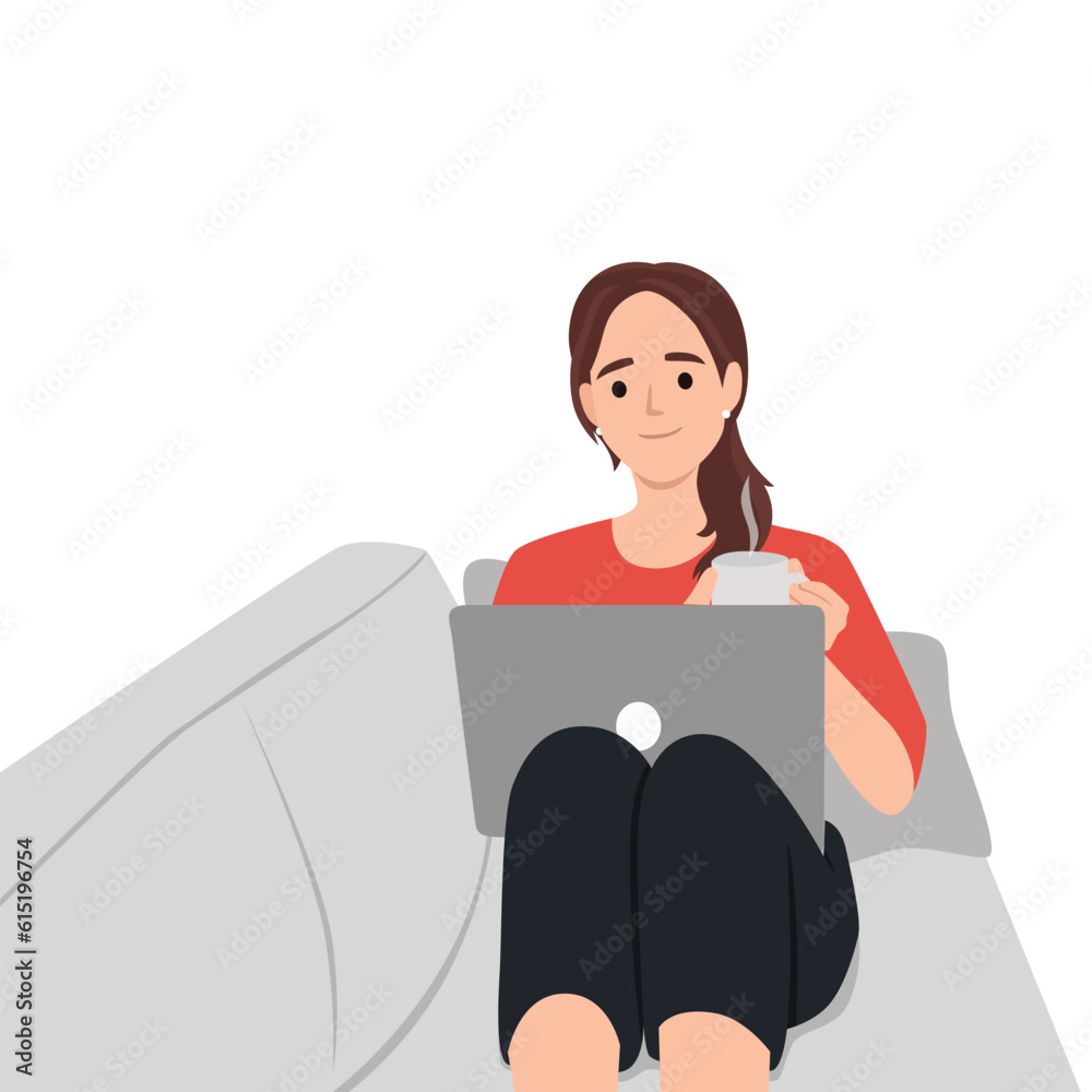 Woman surfing on the Internet with a Laptop. cartoon character.attractive girl chatting with her friends while sitting in sofa. Flat vector illustration isolated on white background Woman surfing on the Internet with a Laptop. cartoon character.attractive girl chatting with her friends while sitting in sofa. Flat vector illustration isolated on white background