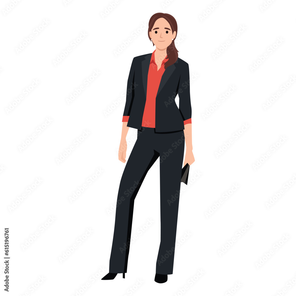 Beautiful businesswoman, set of portrait and full length view. Smiling business woman standing folded hand, wearing dark business suit. Flat vector illustration isolated on white background Beautiful businesswoman, set of portrait and full length view. Smiling business woman standing folded hand, wearing dark business suit. Flat vector illustration isolated on white background