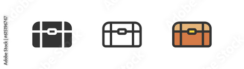 Closed treasure box icon isolated. Pirates chest symbol. Jewerly, diamond, safe. Outline, flat and colored style. Flat design. Vector illustration