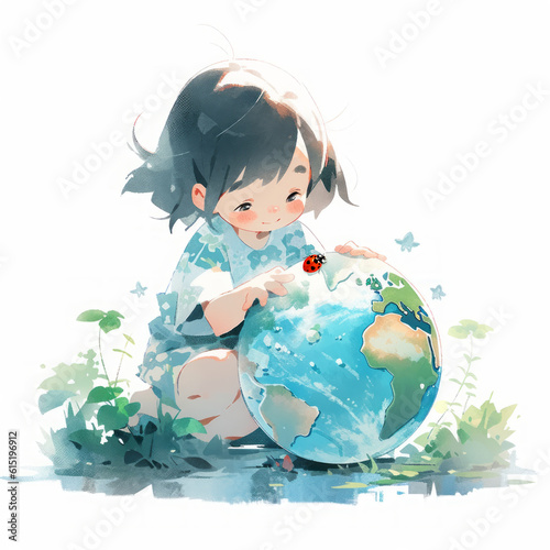 A child hugging planet Earth. A young girl playing with the globe - Conceptual illustration, Generative AI