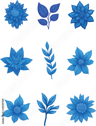 Blue Flower And leaf Set, Vector Watercolor Flower Design Set