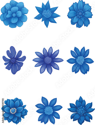 Blue Flower And leaf Set, Vector Watercolor Flower Design Set