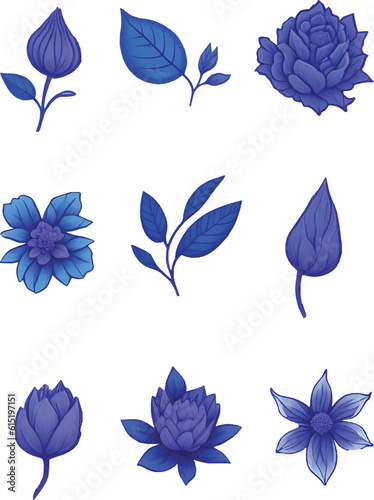 Blue Flower And leaf Set, Vector Watercolor Flower Design Set