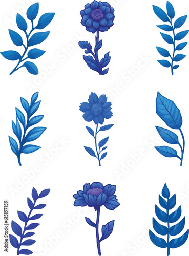 Blue Flower And leaf Set, Vector Watercolor Flower Design Set