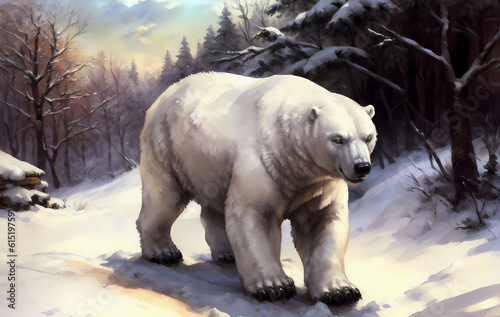polar bear standing in snow near forest, generative ai