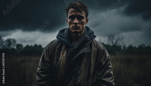 One man, outdoors in nature, looking overcast, serious and spooky generated by AI