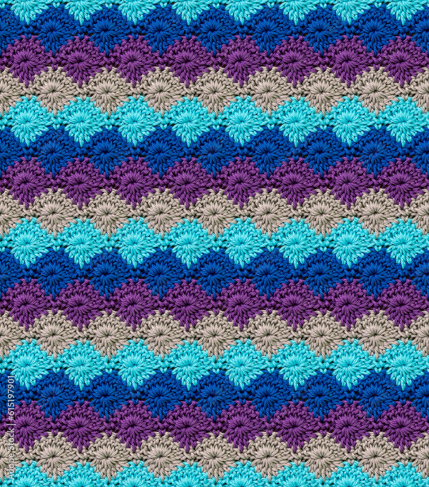 Seamless knitted texture in the form of daisies. The pattern is crocheted from multicolored cotton yarn. Lilac-blue shades.