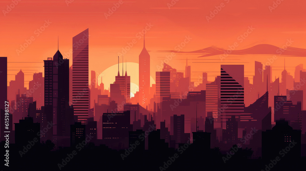 City skyline with skyscrapers at sunset in the evening