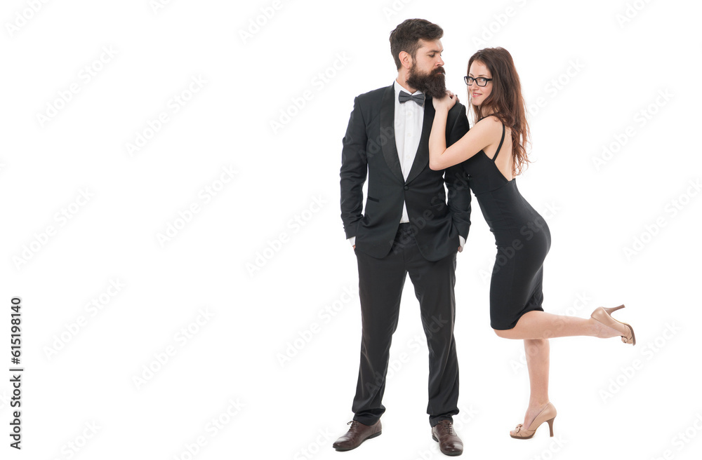 Art of flirt. Pick up and flirt concept. Bearded man in tuxedo and playful girl. Perfect flirt at party or event. Flirting lady. Woman attractive sexy female attract attention of bearded gentleman Art of flirt. Pick up and flirt concept. Bearded man in tuxedo and playful girl. Perfect flirt at party or event. Flirting lady. Woman attractive sexy female attract attention of bearded gentleman