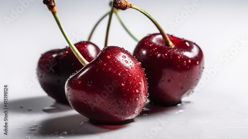 Close up shot of cherries on a white background