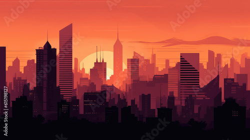 City skyline with skyscrapers at sunset in the evening